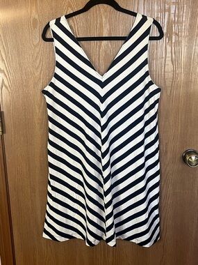 LOFT Navy and White Striped V-Neck Swing Dress